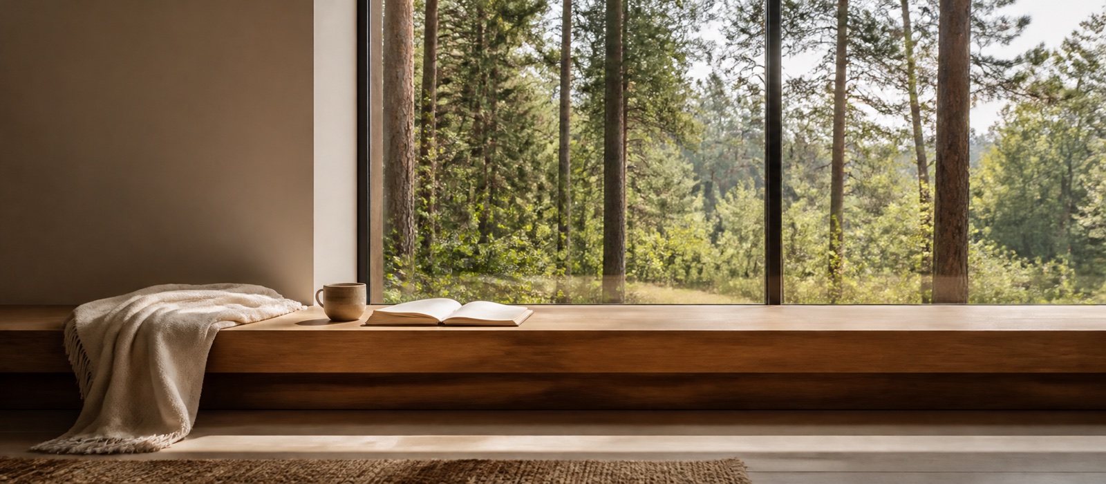 A quiet oak window seat overlooking longleaf pines with a cup and open notebook