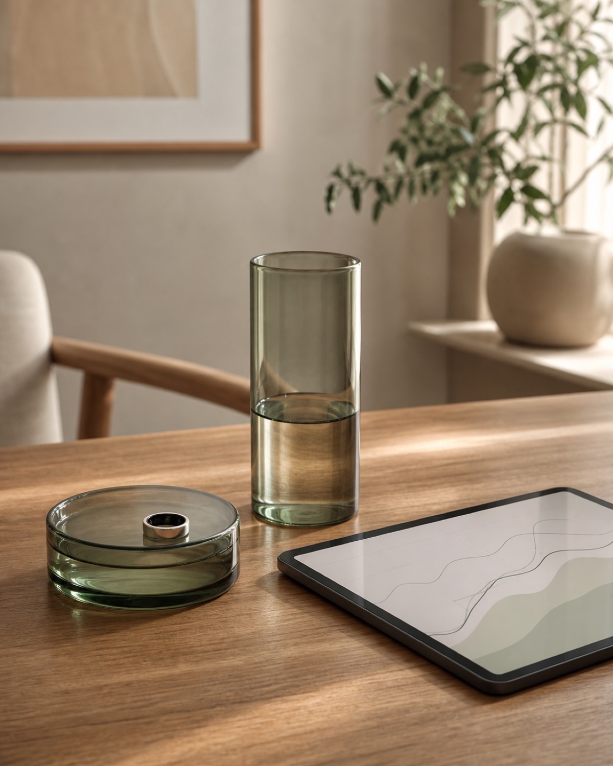 A wearable ring, glass forms, and an abstract trend display arranged on warm oak