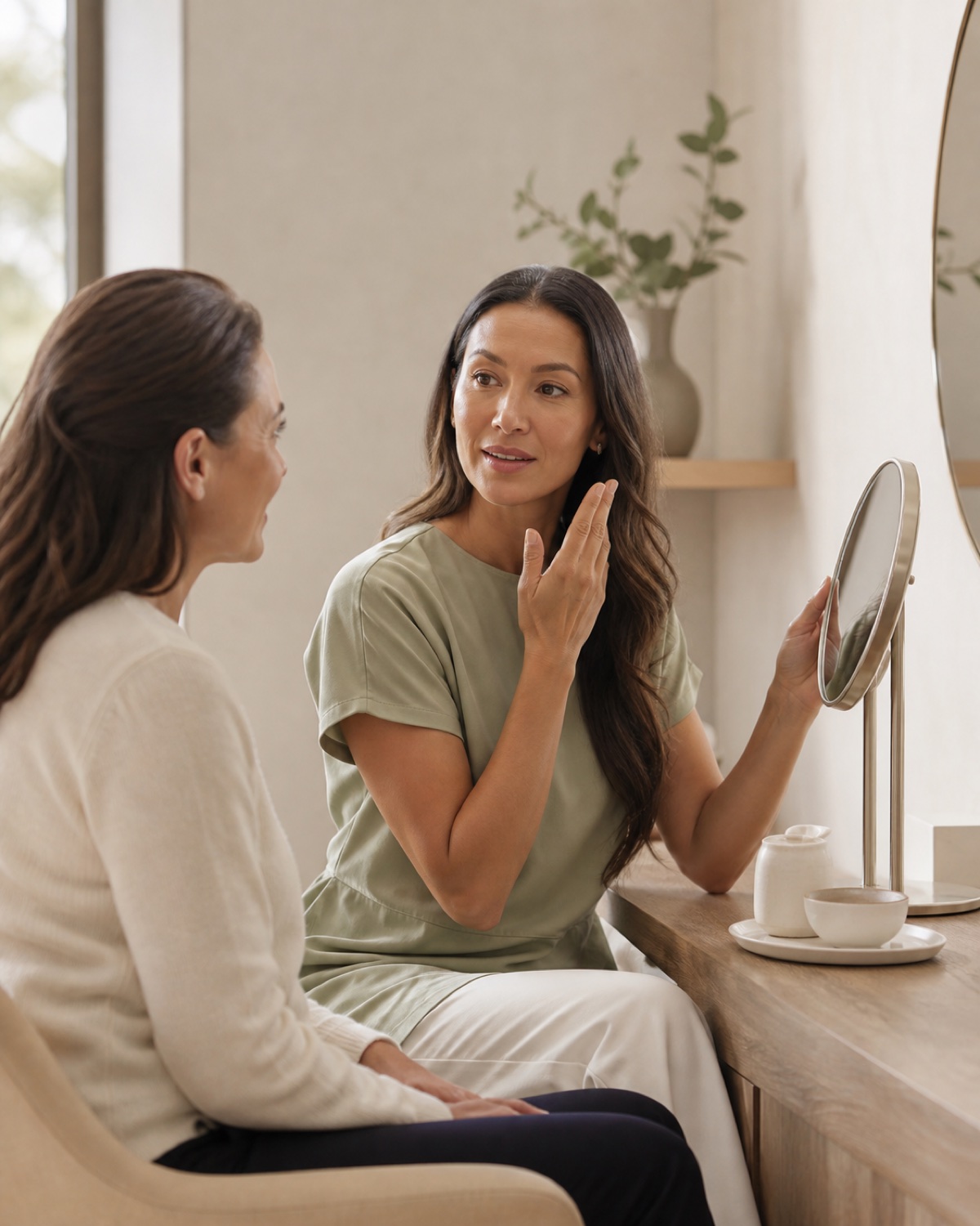 A member discussing her skin goals during an aesthetics consultation