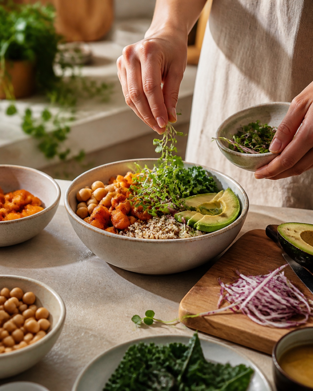 A colorful protein and fiber-forward meal being prepared from whole foods