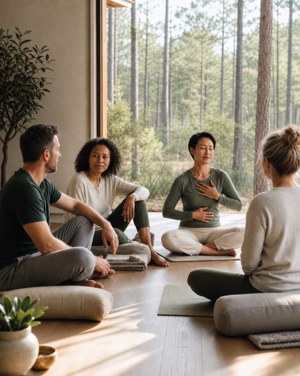 A small group of members sharing a guided breathwork session