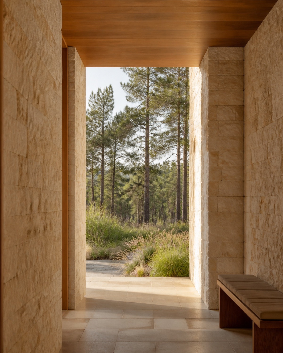 A warm stone passage opening toward longleaf pines