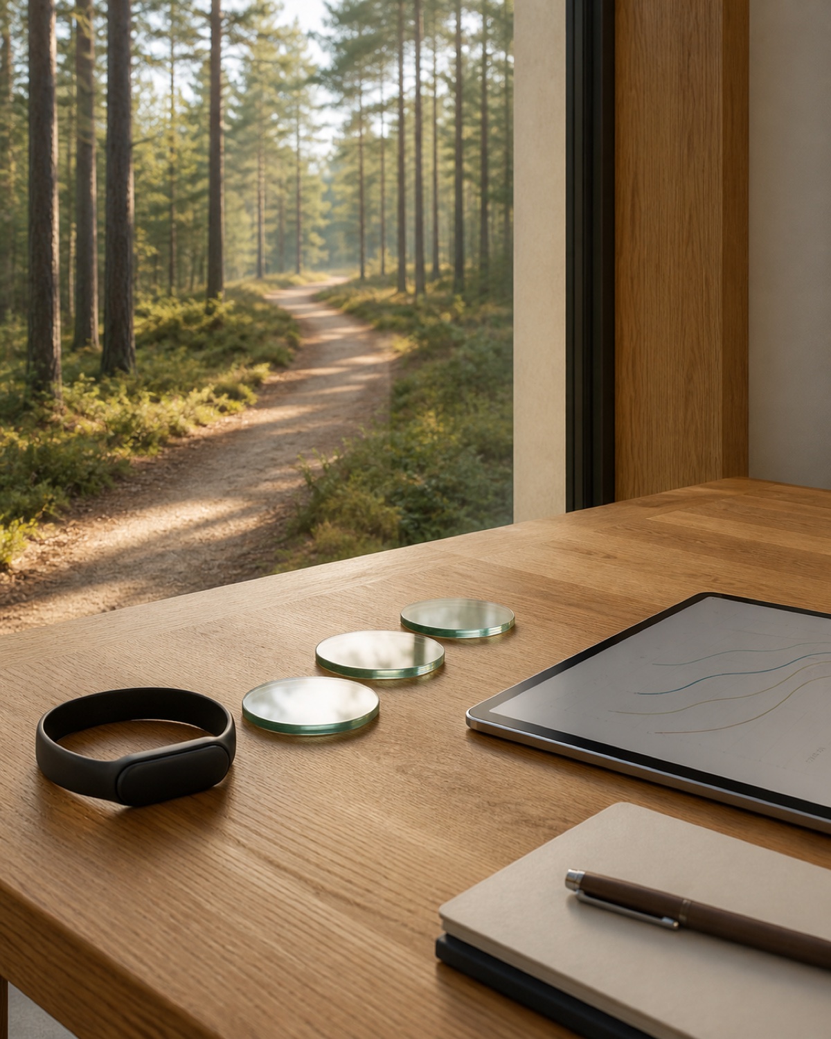 A wearable, three glass markers, and a trend display leading toward a pine path
