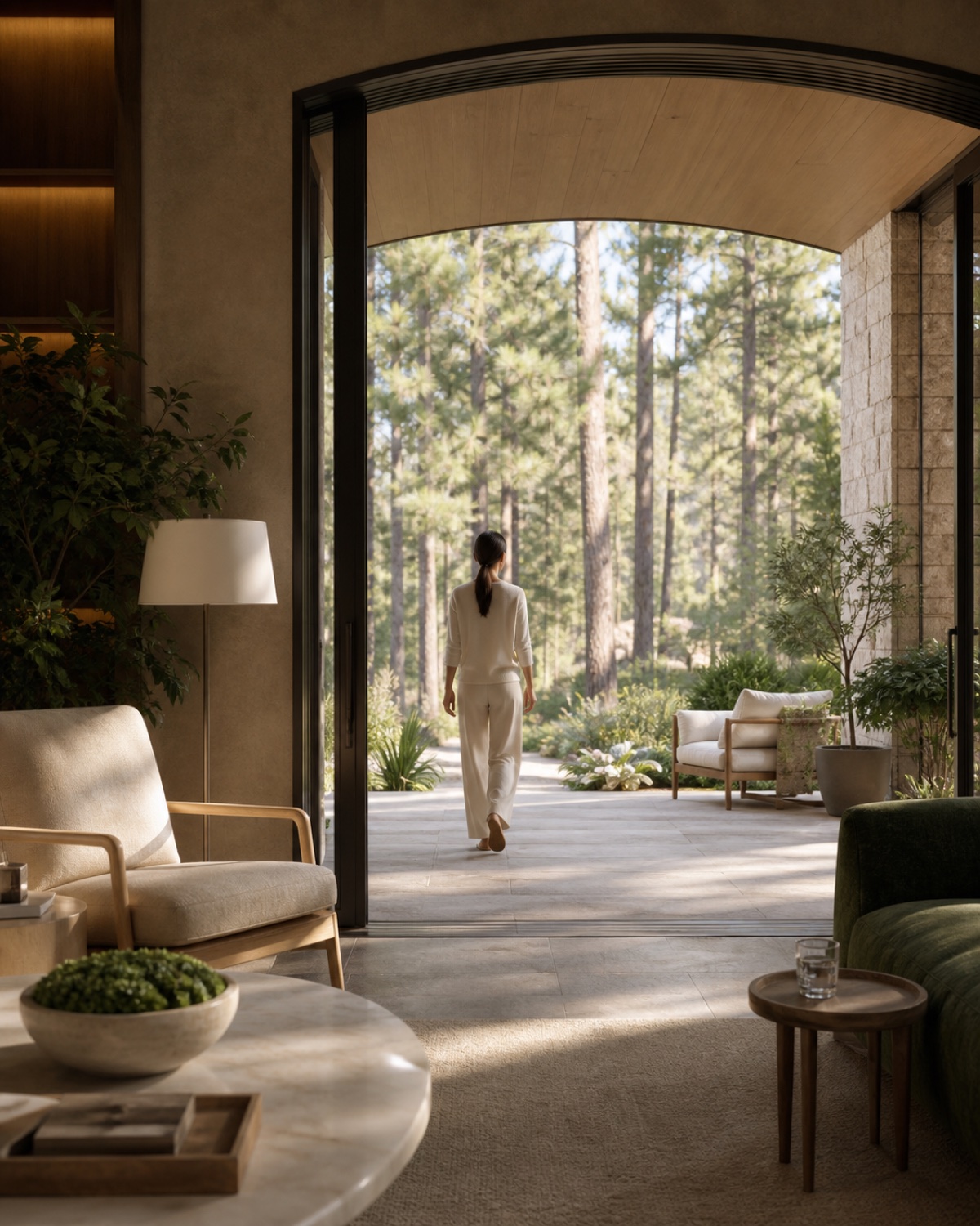 A member walking from a private lounge onto a terrace among the pines