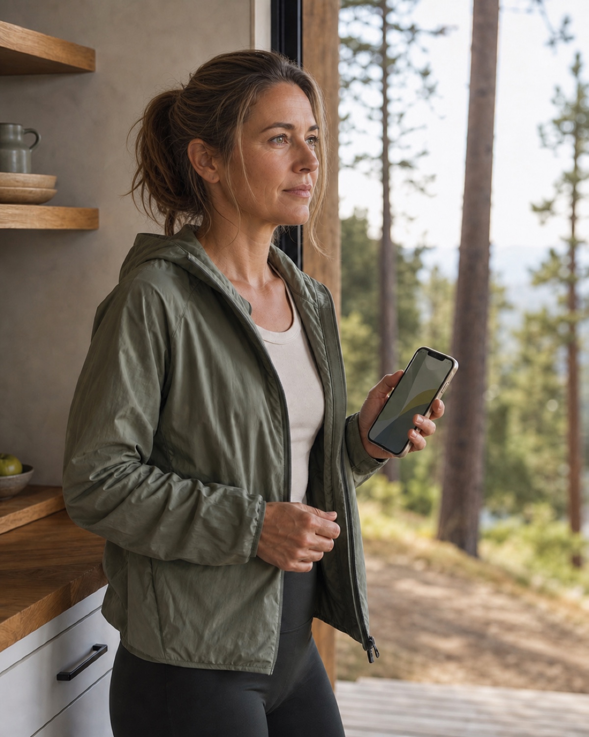 An active member holding her phone before heading outside