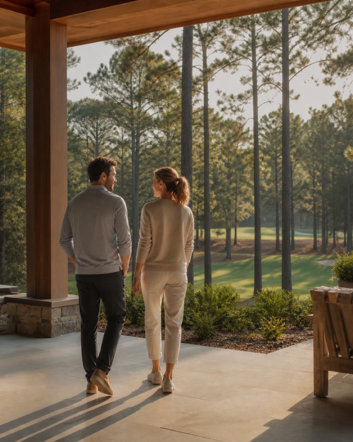 An active couple walking together on a terrace overlooking the longleaf pines