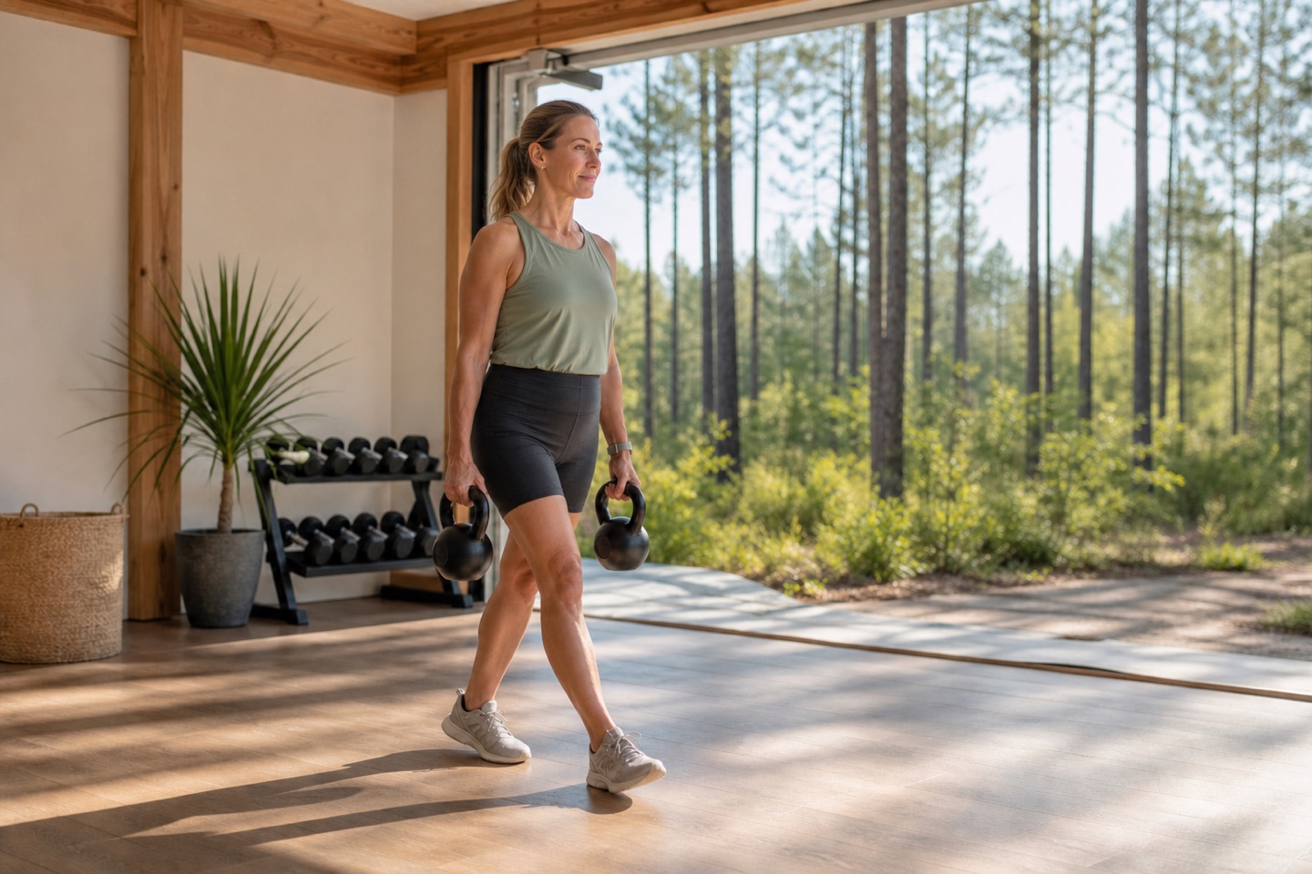 A woman performing a controlled loaded carry in a daylight studio