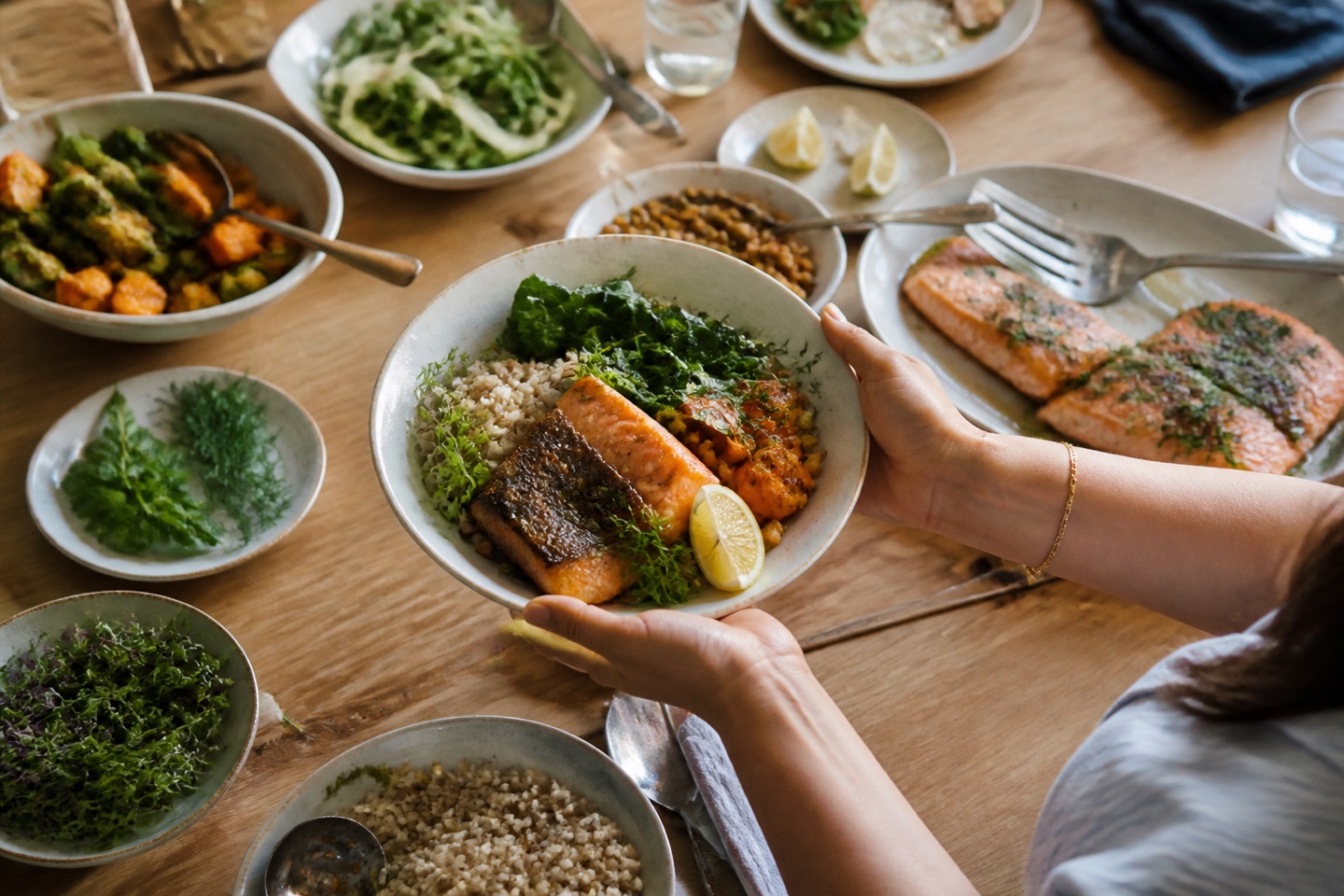 A balanced whole-food meal being served at a warm oak table