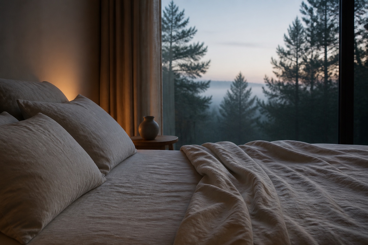 A serene bedroom overlooking pines at first morning light