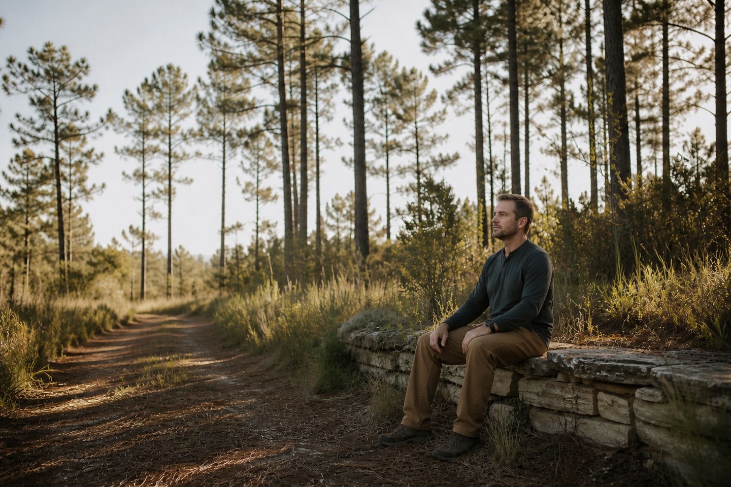 A man pausing quietly beside a longleaf pine trail