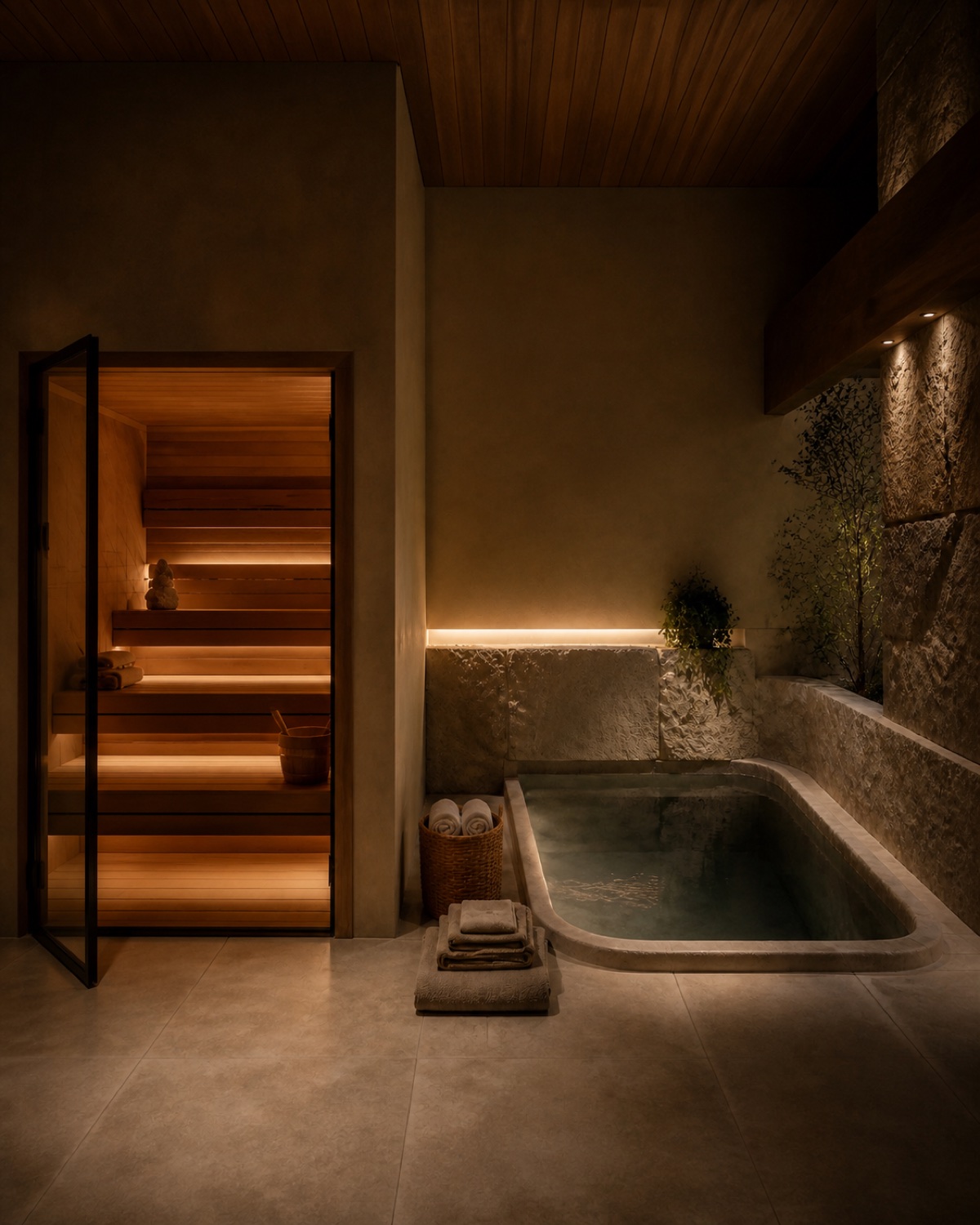 A warm thermal recovery suite with a sauna and cold plunge